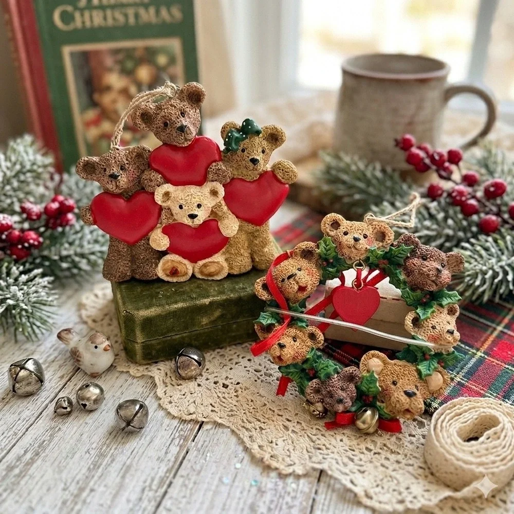 Kurt S Adler Holly Bearies Teddy Bear Christmas Ornaments Set of 2 Hearts Wreath